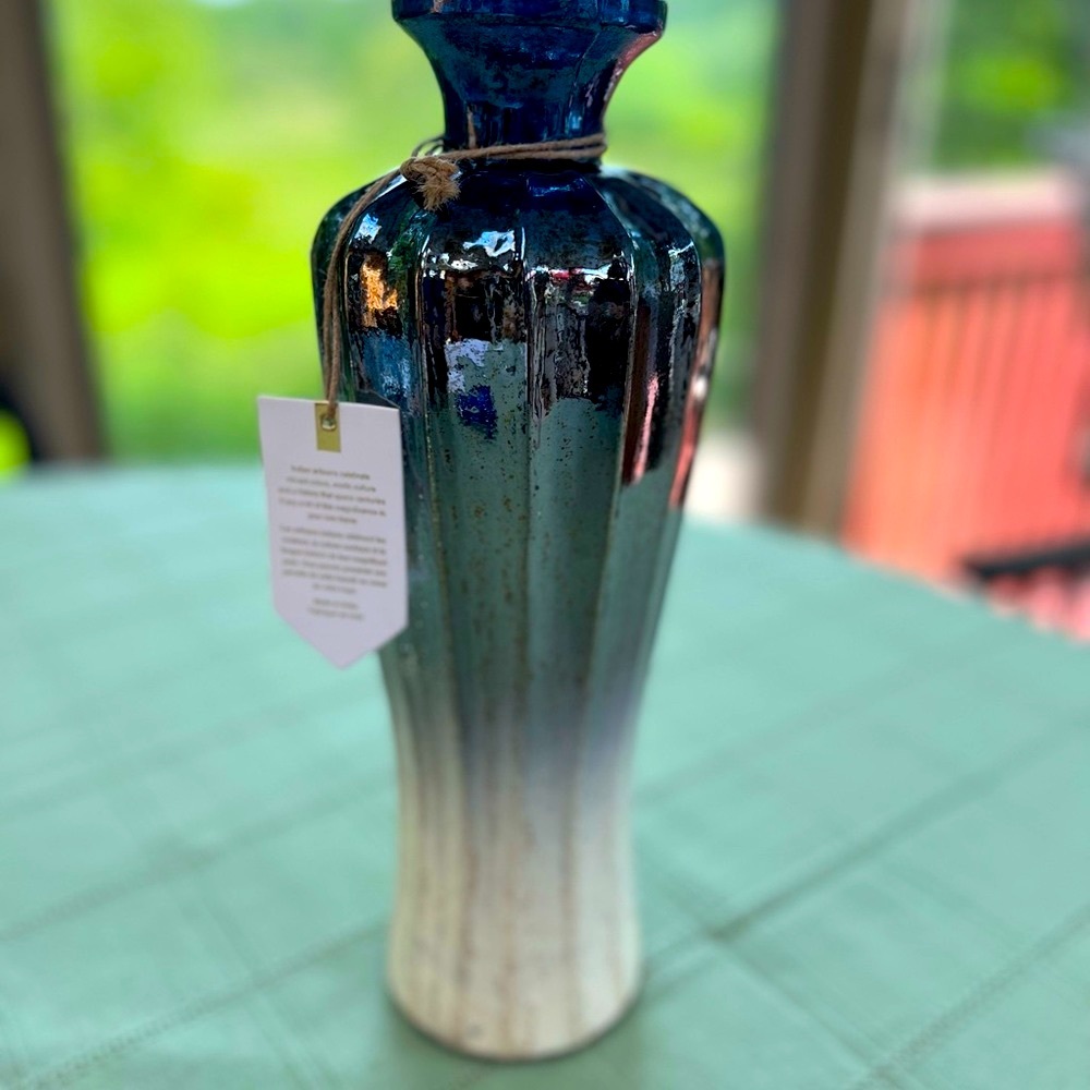 Stunning handcrafted blue metallic, ceramic & glass statement piece /vase